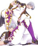  1boy ass bad_anatomy flame_print glasses hand_on_hip hazama_michio highres idol idolmaster idolmaster_side-m jacket looking_at_viewer lying male_focus matador on_back pants parted_lips silver_hair smile solo white_jacket white_pants wrist_cuffs 