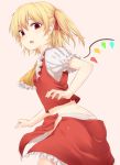  1girl ascot ass beige_background blonde_hair blush clenched_hand commentary_request cowboy_shot eyebrows_visible_through_hair flandre_scarlet frilled_ascot frilled_shirt_collar frills hair_between_eyes hair_ribbon highres looking_at_viewer midriff miyo_(ranthath) no_hat no_headwear one_side_up open_clothes open_mouth open_skirt outline panties petticoat puffy_short_sleeves puffy_sleeves red_eyes red_ribbon red_skirt red_vest ribbon shirt short_sleeves simple_background skirt solo standing touhou underwear vest white_outline white_panties white_shirt wings yellow_neckwear 