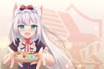  1girl animal_ears azur_lane blue_eyes bow cat_ears character_name collarbone cookie fang food hair_between_eyes hair_bow hammann_(azur_lane) highres long_hair looking_at_viewer open_mouth portrait silver_hair solo 