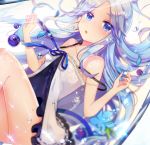  1girl :o bangs bare_arms bare_shoulders blue_eyes blue_flower blue_hair blue_ribbon blurry blurry_foreground blush collarbone depth_of_field dress eyebrows_visible_through_hair fingernails flower forehead hands_up highres looking_at_viewer orb original parted_bangs parted_lips ribbon rijjin sleeveless sleeveless_dress solo strap_slip submerged water white_dress 