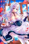  1girl :d apron azur_lane bangs belfast_(azur_lane) blue_eyes blue_sky blush braid breasts chains cleavage clouds collar collarbone corset cup curtains day dress eyebrows_visible_through_hair floating_hair french_braid frilled_gloves frills gloves head_tilt highres holding holding_teapot holding_tray indoors irokiiro jug large_breasts light_particles long_hair looking_at_viewer maid maid_headdress ocean open_mouth pantyhose petals saucer sidelocks silver_hair skindentation sky smile solo spoon sunlight teacup tray white_gloves white_legwear wind wind_lift window 