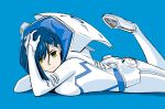  1girl albyee bangs blue_background blue_hair breast_press breasts closed_mouth darling_in_the_franxx eyebrows_visible_through_hair foot_up green_eyes hair_between_eyes hair_ornament hairclip hand_in_hair hand_on_own_head highres ichigo_(darling_in_the_franxx) looking_at_viewer lying pilot_suit short_hair simple_background small_breasts smile solo 