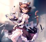  1girl animal_ears bangs blue_bow blush bow breasts brown_eyes brown_hair cake cat_ears cat_tail copyright_name cup food hair_bow holding holding_tray knife looking_at_viewer maid medium_breasts official_art sdorica_-sunset- skirt skirt_lift slice_of_cake slit_pupils solo standing sugar_cube swept_bangs tail teacup teapot tennohi thigh-highs tray watermark white_bow white_legwear wrist_cuffs 