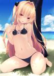  1girl adapted_costume arm_behind_head beach bikini black_bikini blonde_hair blue_sky blush breasts clouds cloudy_sky commentary_request day hair_between_eyes hair_ornament highres kneeling konjiki_no_yami long_hair looking_at_viewer navel outdoors red_eyes shokuyou_mogura sky small_breasts solo star_cutout swimsuit thighs to_love-ru very_long_hair 