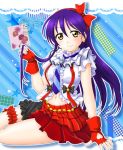  1girl arm_up bangs blue_hair blush bokura_wa_ima_no_naka_de bow commentary_request earrings eyebrows_visible_through_hair fingerless_gloves gloves hair_between_eyes hair_bow hand_in_hair heart_cutout hiramitsu_asagi jewelry leg_garter long_hair looking_at_viewer love_live! love_live!_school_idol_project navel necktie red_gloves short_sleeves sitting smile solo sonoda_umi suspenders yellow_eyes 