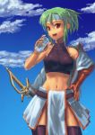  1girl abs bare_shoulders black_legwear blue_sky brown_gloves clouds cuboon cup drink gloves green_hair hand_on_hip headband holding_drink looking_at_viewer midriff open_mouth original red_eyes short_hair sky solo sweat sword tan thigh-highs undressing weapon 