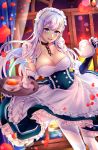  1girl :d apron azur_lane bangs belfast_(azur_lane) blue_eyes blurry blurry_background blush braid breasts chains cleavage clouds collar collarbone corset cup curtains day dress evening eyebrows_visible_through_hair floating_hair french_braid frilled_gloves frills gloves head_tilt highres holding holding_teapot holding_tray indoors irokiiro jug large_breasts light_particles long_hair looking_at_viewer maid maid_headdress ocean open_mouth orange_sky pantyhose petals saucer sidelocks silver_hair skindentation sky smile solo spoon sunlight teacup tray white_gloves white_legwear wind wind_lift window 