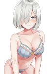  1girl absurdres all_fours ass blue_eyes blush breasts cleavage closed_mouth collarbone frown groin hair_ornament hair_over_one_eye hairclip half-closed_eye hamakaze_(kantai_collection) highres kantai_collection large_breasts lingerie looking_at_viewer navel short_hair silver_hair simple_background skindentation solo stomach thighs toned underwear underwear_only white_background 