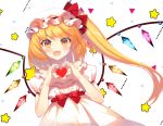  1girl :d alternate_costume bangs bare_shoulders blonde_hair blush collarbone commentary_request crystal dress eyebrows_visible_through_hair fang flandre_scarlet frills hands_up hat hat_ribbon heart heart_hands long_hair looking_at_viewer mob_cap off-shoulder_dress off_shoulder one_side_up open_mouth puffy_short_sleeves puffy_sleeves red_eyes red_ribbon red_sash ribbon roh_nam_kyung sash short_sleeves smile solo star star-shaped_pupils symbol-shaped_pupils touhou triangle upper_body white_background white_dress white_hat wings 