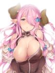  1girl :o black_gloves blue_eyes braid breasts cleavage cleavage_cutout draph elbow_gloves gloves granblue_fantasy hair_ornament hair_over_one_eye highres horns large_breasts lavender_hair long_hair looking_at_viewer narmaya_(granblue_fantasy) open_mouth shiny shiny_hair simple_background sleeveless sleeveless_coat solo tareme thomasz upper_body white_background 