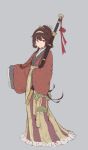  1girl brown_hair character_request chinese_clothes fangdan_runiu full_body girls_frontline grey_background hairband hanfu highres holding holding_sword holding_weapon jitome long_hair long_sleeves looking_at_viewer orange_eyes red_ribbon ribbon scabbard sheath simple_background sleeves_past_fingers sleeves_past_wrists solo standing sword very_long_hair weapon wide_sleeves 