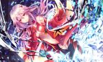  1girl bare_shoulders black_legwear breasts center_opening cleavage detached_sleeves elbow_gloves fingerless_gloves gloves guilty_crown hair_ornament hairclip long_hair looking_at_viewer navel official_art pink_hair red_eyes solo thigh-highs twintails tyouya yuzuriha_inori 