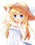  1girl :d arm_up bangs bare_arms bare_shoulders blonde_hair blue_bow blue_eyes blush bow commentary_request dress eyebrows_visible_through_hair fang hair_between_eyes hand_on_headwear hand_up hat hat_bow kedama_(kedama_akaza) long_hair open_mouth original simple_background sleeveless sleeveless_dress smile solo straw_hat very_long_hair white_background white_dress 