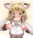  1girl animal_ears bare_shoulders blonde_hair blush bow bowtie cat_ears choir_(artist) commentary_request crying elbow_gloves frown gloves green_eyes kemono_friends multicolored_hair nose_blush sand_cat_(kemono_friends) short_hair sleeveless solo striped tears upper_body 