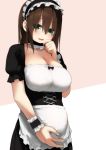  1girl breasts brown_hair cleavage eyes_visible_through_hair green_eyes hakumei_kosen hand_on_own_stomach highres large_breasts long_hair maid maid_headdress open_mouth original pregnant smile solo wrist_cuffs 