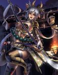  1girl breasts cuboon fire gloves grey_hair large_breasts long_hair navel night polearm red_eyes sengoku_taisen smile solo sword thigh-highs very_long_hair weapon 