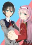  1boy 1girl bangs black_hair blue_eyes commentary_request couple darling_in_the_franxx eyebrows_visible_through_hair green_eyes hair_ornament hairband hand_holding hetero hiro_(darling_in_the_franxx) horns interlocked_fingers long_hair long_sleeves looking_at_viewer military military_uniform necktie oni_horns oracion_nanase pink_hair red_horns red_neckwear short_hair signature uniform white_hairband zero_two_(darling_in_the_franxx) 