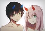  1boy 1girl bangs benelle black_hair blue_horns blush collarbone commentary couple darling_in_the_franxx eyebrows_visible_through_hair eyes_visible_through_hair green_eyes hetero highres hiro_(darling_in_the_franxx) horns long_hair looking_at_another one_eye_closed oni_horns pink_hair red_horns shirtless short_hair signature zero_two_(darling_in_the_franxx) 