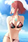  1girl bangs bare_shoulders bikini blue_sky breast_hold breasts cleavage closed_mouth clouds day earrings eyebrows_visible_through_hair hair_ornament highres pyra_(xenoblade) jewelry large_breasts looking_at_viewer mebi_(mebieru) navel ocean outdoors partially_submerged red_bikini red_eyes redhead short_hair side-tie_bikini sky solo sweat swept_bangs swimsuit xenoblade_(series) xenoblade_2 