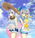  2girls anchor_symbol bangs bare_arms bare_shoulders belt_buckle beret blue_eyes blue_hat blue_sailor_collar blue_shorts blue_sky blush bronya_zaychik buckle clouds cloudy_sky commentary_request day drill_hair eyebrows_visible_through_hair flower grey_eyes hair_between_eyes hair_tie hat head_tilt heart highres honkai_impact innertube long_hair looking_at_viewer mouth_hold multiple_girls navel object_hug orange_belt outdoors parted_lips pink_innertube sailor_collar see-through shirt short_shorts shorts side_drill signature silver_hair single_drill sky sleeveless sleeveless_shirt standing starfish straw_hat stuffed_animal stuffed_bunny stuffed_toy sunflower teratsuki theresa_apocalypse water_drop white_camisole white_flower white_shirt yellow_flower 