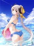  1girl absurdres ass ball bangs beachball bikini blue_bikini blue_sky blurry blush breasts clouds condensation_trail cowboy_shot day depth_of_field eyebrows_visible_through_hair fate/grand_order fate_(series) frilled_bikini frills fuu_(fuore) grey_hair hair_ornament hair_ribbon highres holding holding_ball horns kiyohime_(fate/grand_order) kiyohime_(swimsuit_lancer)_(fate) lens_flare long_hair looking_at_viewer looking_back medium_breasts ocean open_mouth outdoors ponytail red_eyes ribbon sky smile solo sparkle standing swimsuit very_long_hair wading water water_drop wet yellow_ribbon 