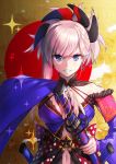  1girl asymmetrical_hair bangs blue_eyes breasts earrings eyebrows_visible_through_hair fate/grand_order fate_(series) green322 halterneck highres holding holding_sword holding_weapon jewelry katana long_hair long_sleeves looking_at_viewer magatama medium_breasts miyamoto_musashi_(fate/grand_order) navel pink_hair sheath sheathed solo sword v-shaped_eyebrows weapon wide_sleeves 