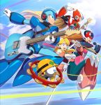  1girl 3boys alia_(rockman) android armor artist_request axl blonde_hair blue_eyes breasts green_eyes headgear highres long_hair multiple_boys official_art robot robot_ears rockman rockman_x smile x_(rockman) zero_(rockman) 