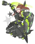  1girl alternate_costume armor armored_boots boots brigitte_(overwatch) brown_hair flag freckles gloves hair_ornament hairclip highres long_hair mace open_mouth outlaws_brigitte overwatch ponytail shield star teeth weapon white_background yellow_eyes 