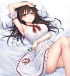  1girl :o arm_up ass bangs bare_shoulders bed_sheet blush breasts brown_hair dress eyebrows_visible_through_hair fingernails frilled_dress frills green_eyes hair_between_eyes halterneck highres long_hair looking_at_viewer lying medium_breasts on_back original panties parted_lips pillow red_ribbon ribbon solo underwear very_long_hair white_dress white_panties ym_(distance819) 