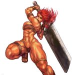  1girl abs arm_strap arm_up bare_shoulders blue_eyes bracer braid breasts brown_panties commentary_request dark_skin floating_hair hair_between_eyes highleg highleg_panties holding holding_weapon large_breasts leg_up long_hair looking_at_viewer looking_down muscle muscular_female navel number open_mouth original panties pubic_hair redhead sandals sarashi shiny shiny_skin shouting shu-mai side_braid simple_background single_braid solo thick_thighs thigh_strap thighlet thighs toenails twisted_torso underwear v-shaped_eyebrows warrior weapon white_background 