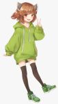  1girl :d arm_at_side bangs black_legwear blush brown_hair collarbone eyebrows_visible_through_hair fang full_body green_footwear green_hoodie hand_up highres hood hood_down hoodie long_sleeves netamaru open_mouth orange_eyes over-kneehighs shoes short_hair simple_background sleeves_past_wrists smile sneakers solo thigh-highs touhoku_kiritan v voiceroid white_background 