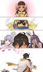  2boys 2girls 4koma ahoge animal_ears bangs black_hair bracelet brown_eyes brown_hair cape comic commentary_request crying dark_skin dark_skinned_male earrings egyptian_clothes facial_mark fate/grand_order fate/prototype fate/prototype:_fragments_of_blue_and_silver fate_(series) flower hair_flower hair_ornament hairband jackal_ears jewelry long_hair moses_(fate/prototype_fragments) multiple_boys multiple_girls necklace nefertiti_(fate/prototype_fragments) nitocris_(fate/grand_order) obentou omi_(tyx77pb_r2) open_mouth ozymandias_(fate) purple_hair silent_comic smile twitter_username violet_eyes yellow_eyes 