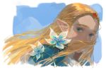  1girl blonde_hair blue_eyes covered_mouth flower lip_(lih8) long_hair pointy_ears princess_zelda solo straight_hair the_legend_of_zelda the_legend_of_zelda:_breath_of_the_wild thick_eyebrows tiara turtleneck upper_body white_flower 