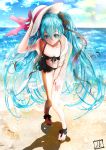  1girl absurdres beach bikini black_bikini black_bow blue_eyes blue_hair blue_sky bow breasts collarbone day eyebrows_visible_through_hair floating_hair full_body hair_between_eyes hair_bow hand_on_headwear hand_on_lap hat hat_ribbon hatsune_miku highres leaning_forward long_hair ocean outdoors purple_ribbon ribbon shadow sky small_breasts smile solo standing starfish sun_hat swimsuit twintails very_long_hair vocaloid white_hat 