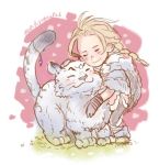  1girl animal blonde_hair braid brown_hair chibi closed_eyes e_f_regan826 fur_trim h&#039;aanit_(octopath_traveler) hug long_hair lowres octopath_traveler smile solo tiger 