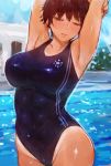  1girl armpits blue_sky blush breasts brown_hair c.cu closed_eyes commentary_request competition_swimsuit cowboy_shot day facing_viewer hands_up huge_breasts one-piece_swimsuit original outdoors parted_lips pool purple_swimsuit sky smile solo standing swimsuit tan tanline 