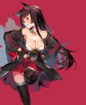  1girl absurdres akagi_(azur_lane) animal_ears azur_lane bangs bare_shoulders black_gloves black_hair black_legwear blunt_bangs breasts cleavage detached_collar eyeliner fantia_reward fingerless_gloves folded_leg fox_ears gloves hair_ornament hands_on_hips highres large_breasts leaning_forward leg_up long_hair looking_away magaeshi makeup multiple_tails paid_reward parted_lips pink_background pleated_skirt red_eyes ribbon-trimmed_sleeves ribbon_trim sidelocks simple_background skirt slit_pupils solo tail thigh-highs tsurime very_long_hair wide_sleeves 