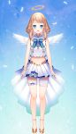  1girl :d angel_wings arms_at_sides bangs bare_shoulders blue_eyes blush commentary_request copyright_request eyebrows_visible_through_hair feathers full_body halo highres light_brown_hair looking_at_viewer midriff momoshiki_tsubaki navel open_mouth original pleated_skirt pointy_ears shirt shoes skirt sleeveless sleeveless_shirt smile solo standing virtual_youtuber white_feathers white_shirt white_skirt wings 