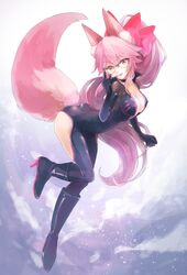  1girl adjusting_eyewear animal_ears bodysuit boots breasts choker cleavage elbow_gloves fate/grand_order fate_(series) fox_ears fox_tail glasses gloves hair_ribbon high_heel_boots high_heels highres leg_up long_hair medium_breasts open_clothes pink_hair ponytail ribbon shishima solo tail tamamo_(assassin)_(fate) tamamo_(fate)_(all) yellow_eyes 