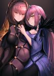  2girls bangs black_legwear blush bodysuit breasts brown_background cleavage commentary_request dual_persona fate/grand_order fate_(series) hair_between_eyes hand_up highres hug jewelry kisaragi_chiyuki large_breasts long_hair looking_at_viewer multiple_girls navel necklace parted_lips red_eyes redhead scathach_(fate/grand_order) scathach_skadi_(fate/grand_order) seductive_smile shoulder_armor smile spaulders standing thigh-highs very_long_hair 