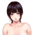  1girl bangs bare_shoulders black_eyes black_hair collarbone commentary_request lips long_hair looking_at_viewer nose number original parted_lips portrait shu-mai simple_background solo white_background 
