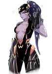  1girl alternate_costume blue_hair breasts center_opening cleavage dynasty_widowmaker earrings gun hat heart highres jewelry long_hair overwatch ponytail purple_skin simple_background solo tattoo weapon white_background widowmaker_(overwatch) yellow_eyes 