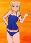  1girl ahoge bikini blonde_hair closed_mouth female hand_on_hip long_hair ojamajo_doremi signature smile solo swimsuit tamaki_reika 