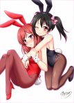  2girls animal_ears black_hair black_leotard black_neckwear bow bowtie brown_legwear bunny_girl bunny_tail bunnysuit detached_collar feet_out_of_frame full_body highres hug hug_from_behind leotard long_hair looking_at_viewer love_live! love_live!_school_idol_project multiple_girls nishikino_maki one_eye_closed pantyhose rabbit_ears red_eyes red_leotard red_neckwear redhead short_hair signature simple_background sitting strapless strapless_leotard surume_(clavis) tail twintails violet_eyes white_background wrist_cuffs yazawa_nico 