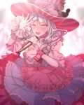  1girl :d anger_vein blush carmilla_(fate/grand_order) cosplay detached_sleeves dress elizabeth_bathory_(fate) elizabeth_bathory_(fate)_(all) elizabeth_bathory_(fate)_(cosplay) embarrassed fang fate/grand_order fate_(series) fingernails flower frilled_dress frills hat hat_flower highres holding holding_microphone long_fingernails long_hair looking_at_viewer microphone moe_(hamhamham) one_eye_closed open_mouth pig pink_hat rose sharp_fingernails silver_hair smile solo striped_hat tears wavy_hair yellow_eyes 