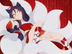  1girl :o absurdres ahoge ahri animal_ears black_hair facial_mark flat_chest fox_ears fox_girl fox_tail highres league_of_legends long_hair looking_down merunyaa multiple_tails off_shoulder panties red_background simple_background slit_pupils solo spread_legs tail underwear whisker_markings yellow_eyes 