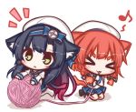  &gt;_&lt; 2girls :3 :o animal_ears bangs beret black_hair black_legwear blue_bow blue_neckwear blue_sailor_collar blue_skirt blush bow cat_ears cat_girl cat_tail chibi closed_eyes closed_mouth eighth_note etorofu_(kantai_collection) eyebrows_visible_through_hair facing_viewer gloves gradient_hair green_eyes hair_between_eyes hair_bow hat juliet_sleeves kantai_collection kemonomimi_mode komakoma_(magicaltale) long_hair long_sleeves looking_at_viewer matsuwa_(kantai_collection) mouth_hold multicolored_hair multiple_girls musical_note no_shoes notice_lines pantyhose parted_lips pleated_skirt puffy_sleeves redhead sailor_collar school_uniform seiza serafuku shirt sitting skirt socks tail thick_eyebrows v-shaped_eyebrows very_long_hair white_background white_gloves white_hat white_legwear white_shirt yarn yarn_ball 