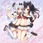  2girls :d absurdres anchor_choker animal_ears arm_ribbon azur_lane bangs bare_shoulders black_bow black_choker black_hair black_sailor_collar black_shirt black_skirt bluebird_(bluebird90) blush bow bowtie breasts bright_pupils brown_footwear brown_hair cat_ears choker cleavage crop_top eyebrows_visible_through_hair fang frilled_skirt frills full_body grey_footwear hair_bow highres leg_warmers long_hair looking_at_viewer miniskirt multiple_girls navel open_mouth orange_eyes pleated_skirt red_bow red_eyes red_neckwear ribbon ribbon-trimmed_legwear ribbon_trim sailor_collar school_uniform serafuku shigure_(azur_lane) shirt shoes skirt sleeveless sleeveless_shirt sleeves_past_elbows small_breasts smile stomach suspender_skirt suspenders tail thigh-highs thighs white_hair white_legwear white_pupils white_sailor_collar white_shirt white_skirt wolf_ears wolf_tail yukikaze_(azur_lane) 