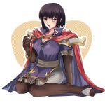  1girl black_hair cape fire_emblem fire_emblem:_thracia_776 hime_cut holding looking_at_viewer olwen_(fire_emblem) pauldrons rem_sora410 sitting smile solo thigh-highs yellow_eyes 