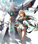  1girl armor bangs bare_shoulders blonde_hair breasts cleavage dress elbow_gloves gloves highres mythra_(xenoblade) large_breasts long_hair looking_at_viewer mecha natsumoka short_dress sword weapon xenoblade_(series) xenoblade_2 yellow_eyes 